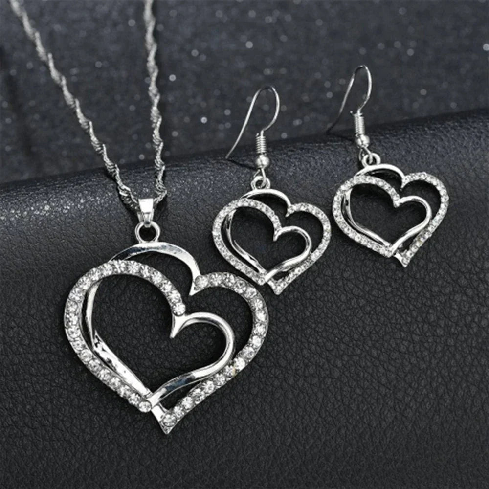 Double Heart Necklace Jewelry Set 💞💝